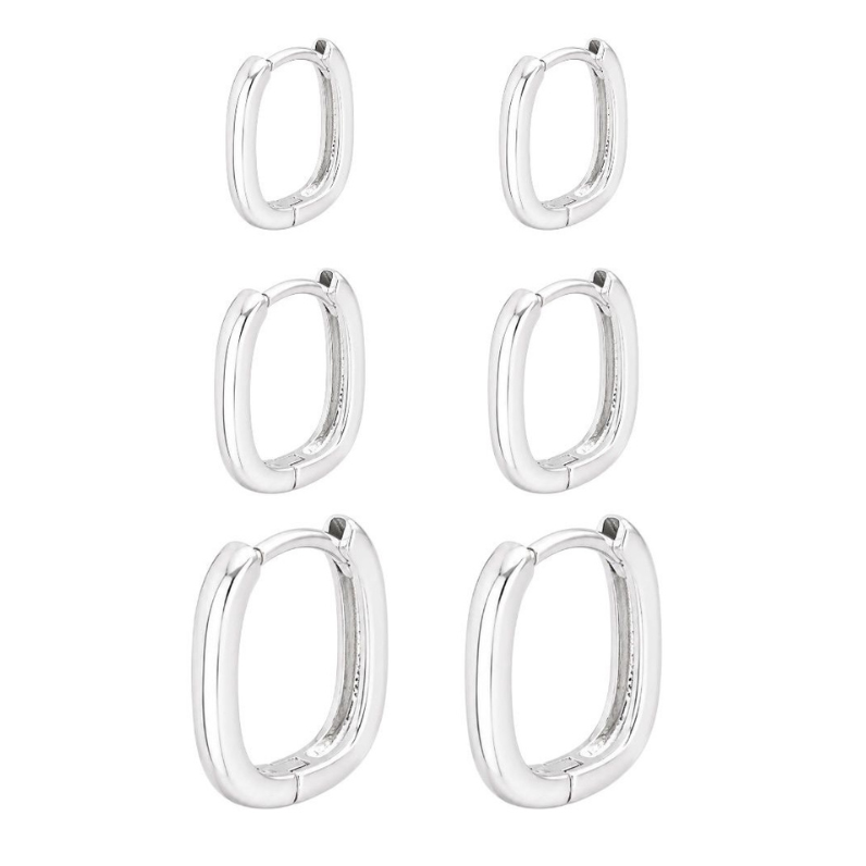 Trio de Brinco Folheado a Prata 925 Argolas Quadradas