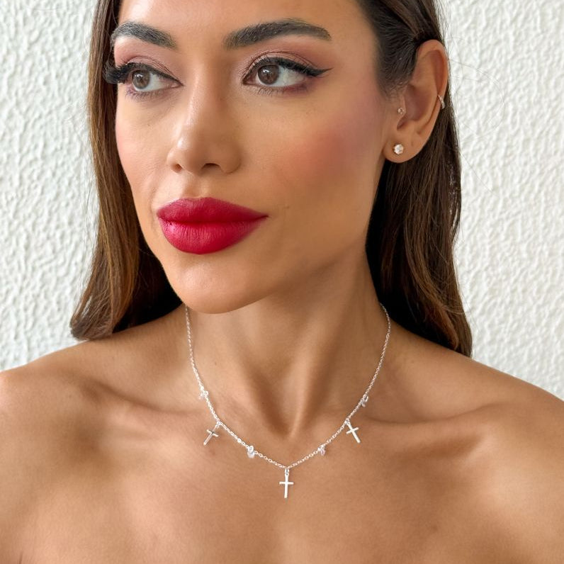 Choker Folheado a Prata 925 Cristais Com Cruz Lisas