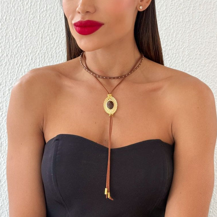 Colar Duplo Boho Folheado a Ouro 18k Oval Desenhado
