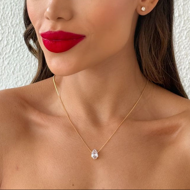 Colar Folheado Ouro 18k Veneziana Gota Cristal