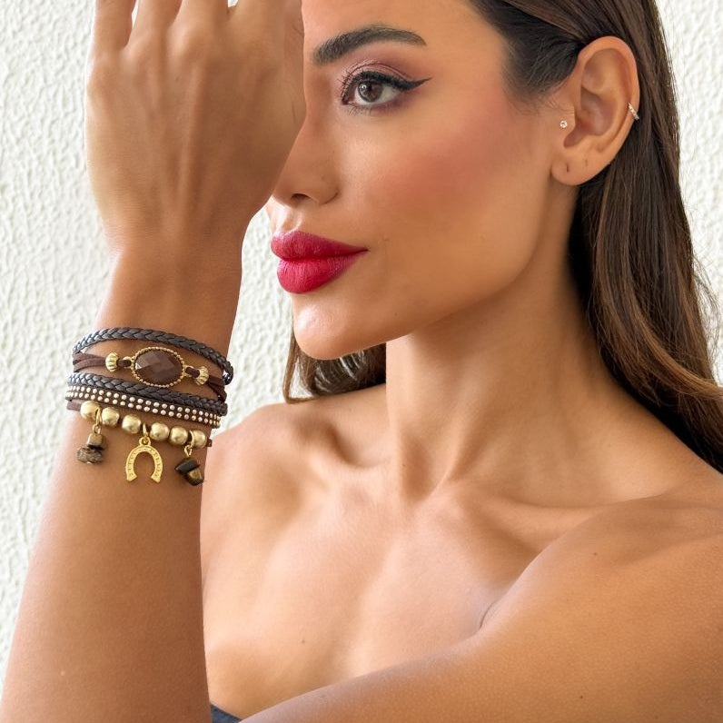 Pulseira Folheado a Ouro 18k Courinho com Pedras Naturais